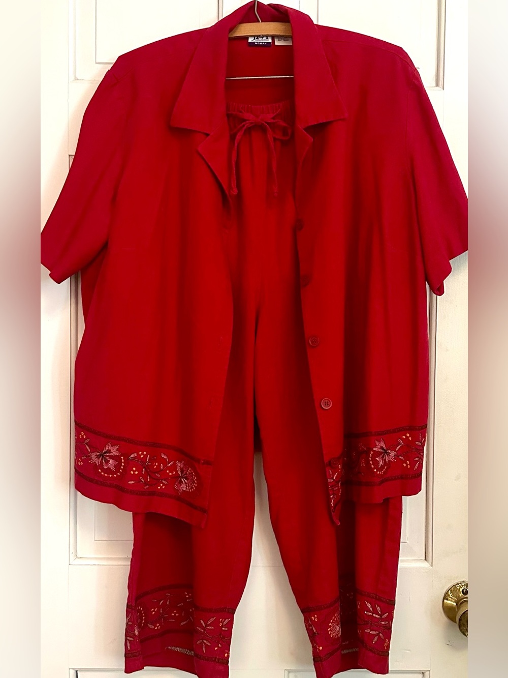 Women’s Red Two-Piece pantssuit (cropped pants) with Embroidered Hem